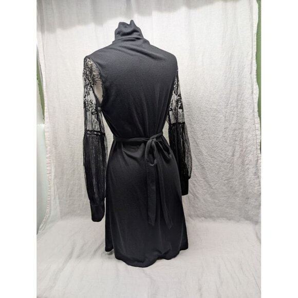 women's size large black mini dress long lace sleeves turtle neck winter goth I2 - Picture 5 of 9